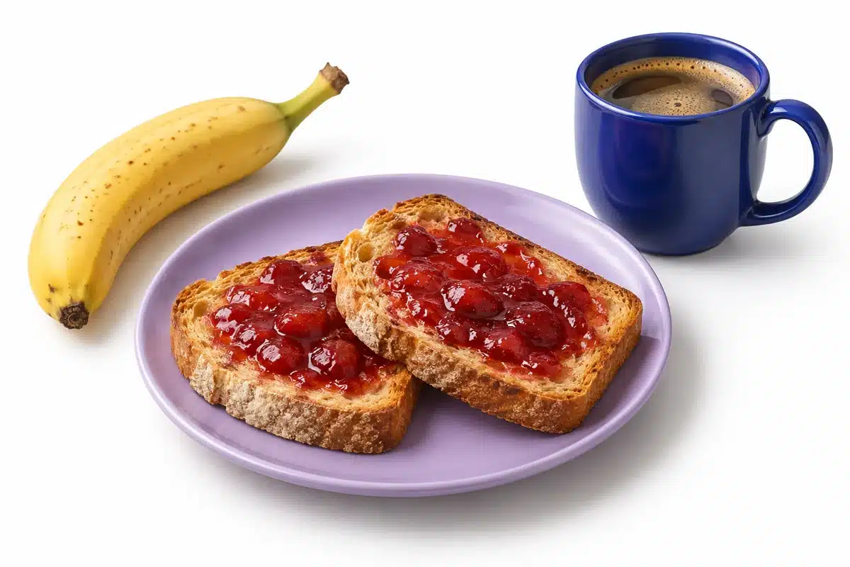 Pan con mermelada, plátano y una taza de café.
