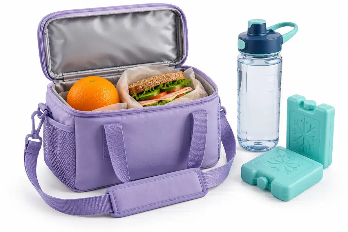 Bolsa térmica con sándwich, fruta, botella y acumuladores de frío.