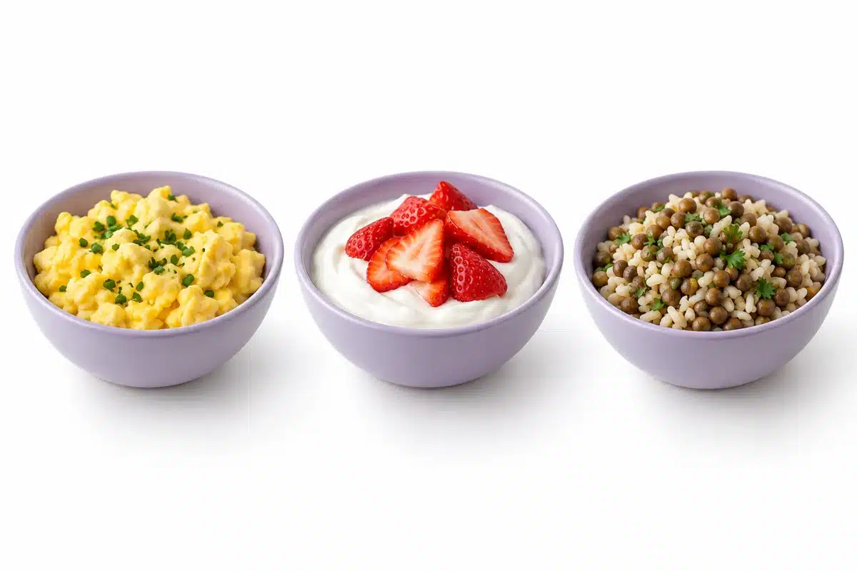 Tazones con huevo, yogur con fresas y lentejas con arroz.