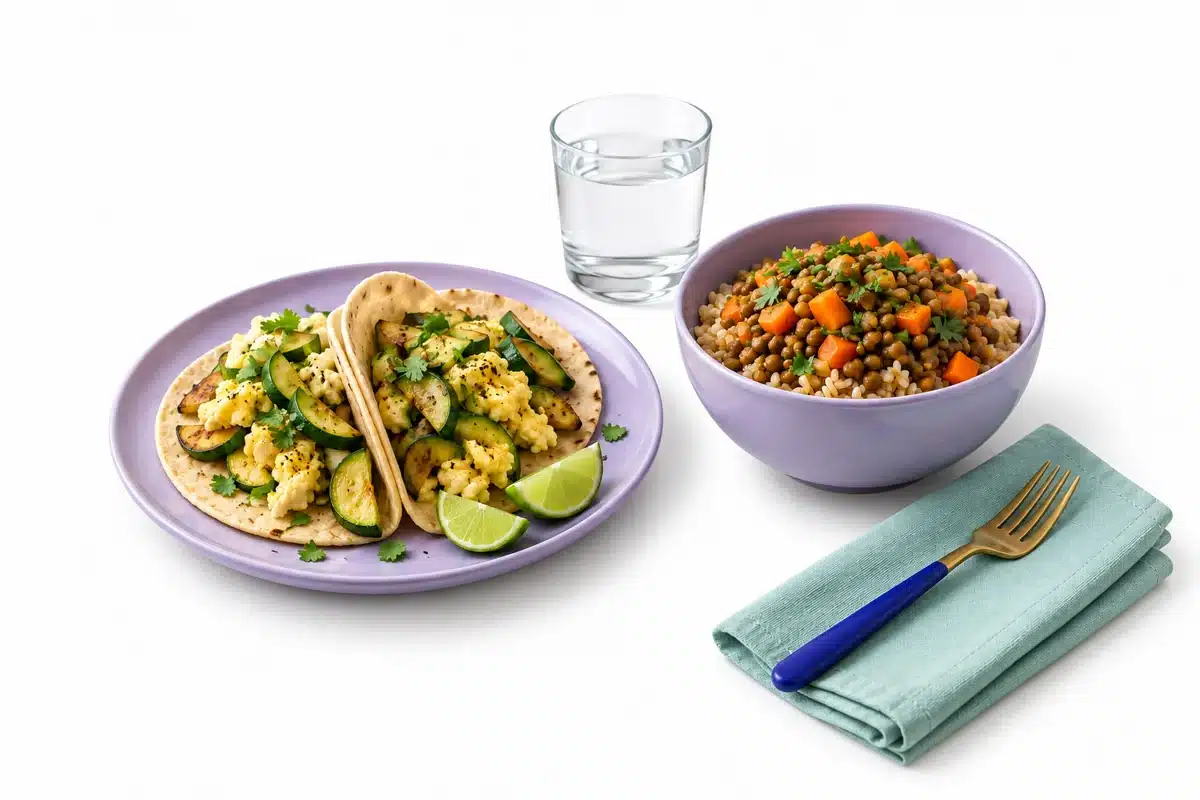 Tacos de huevo con verduras y tazón de lentejas con arroz.