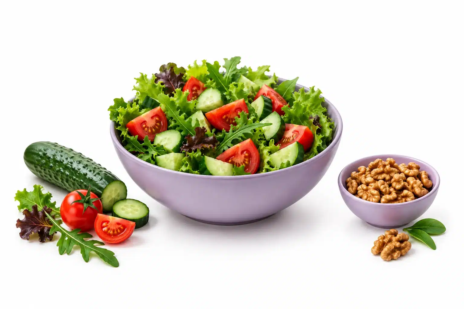 Tazón de ensalada y un recipiente pequeño con nueces.