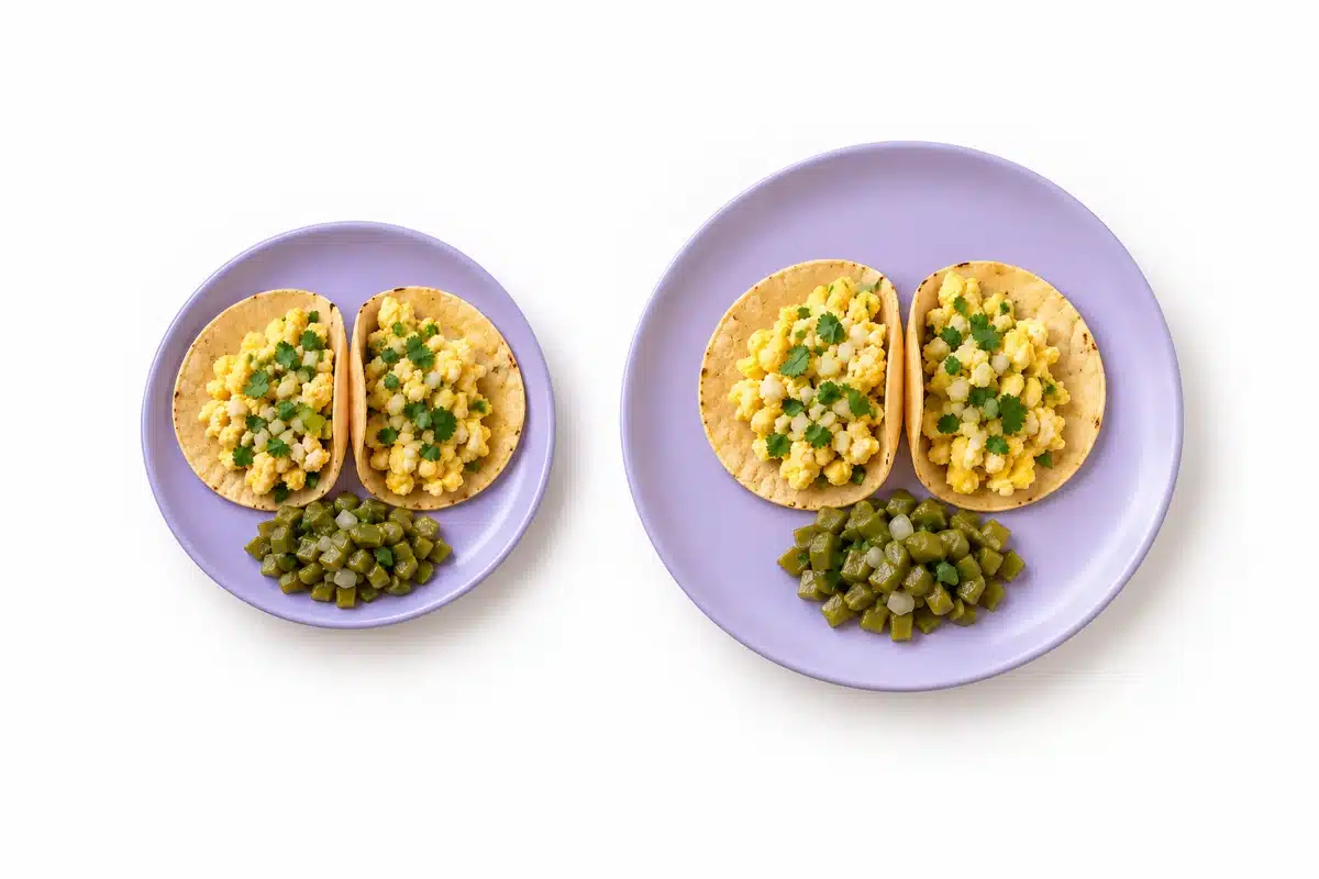 Dos platos de tacos de huevo y nopales con diferentes cantidades servidas.