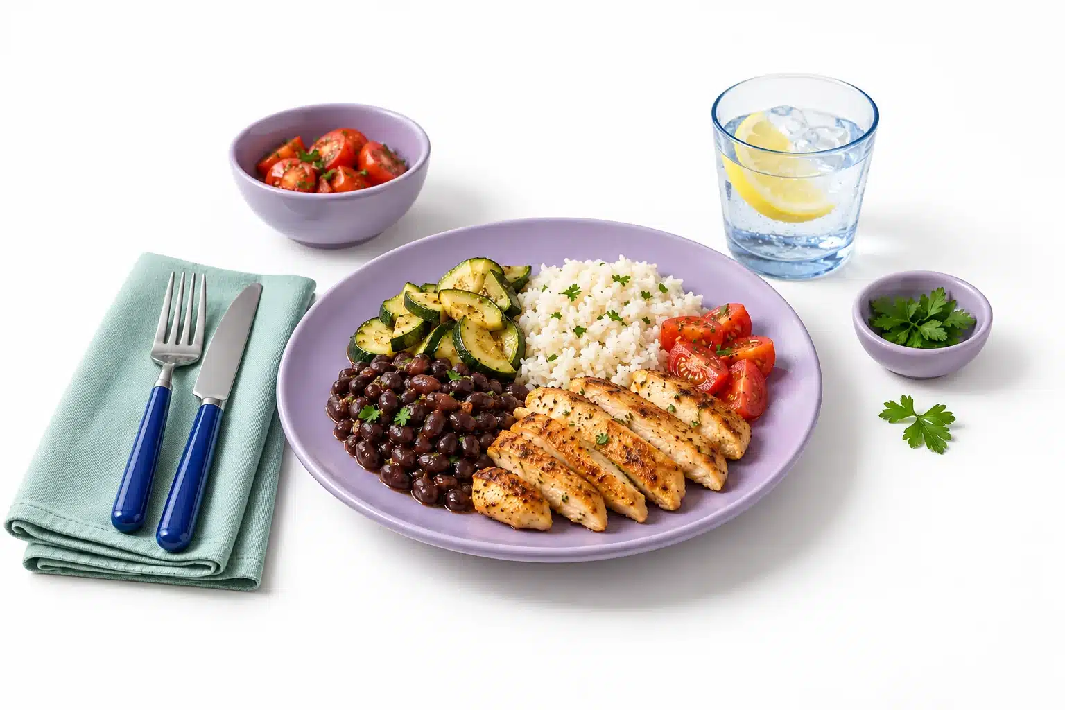 Pollo, arroz, frijoles y verduras en un plato.