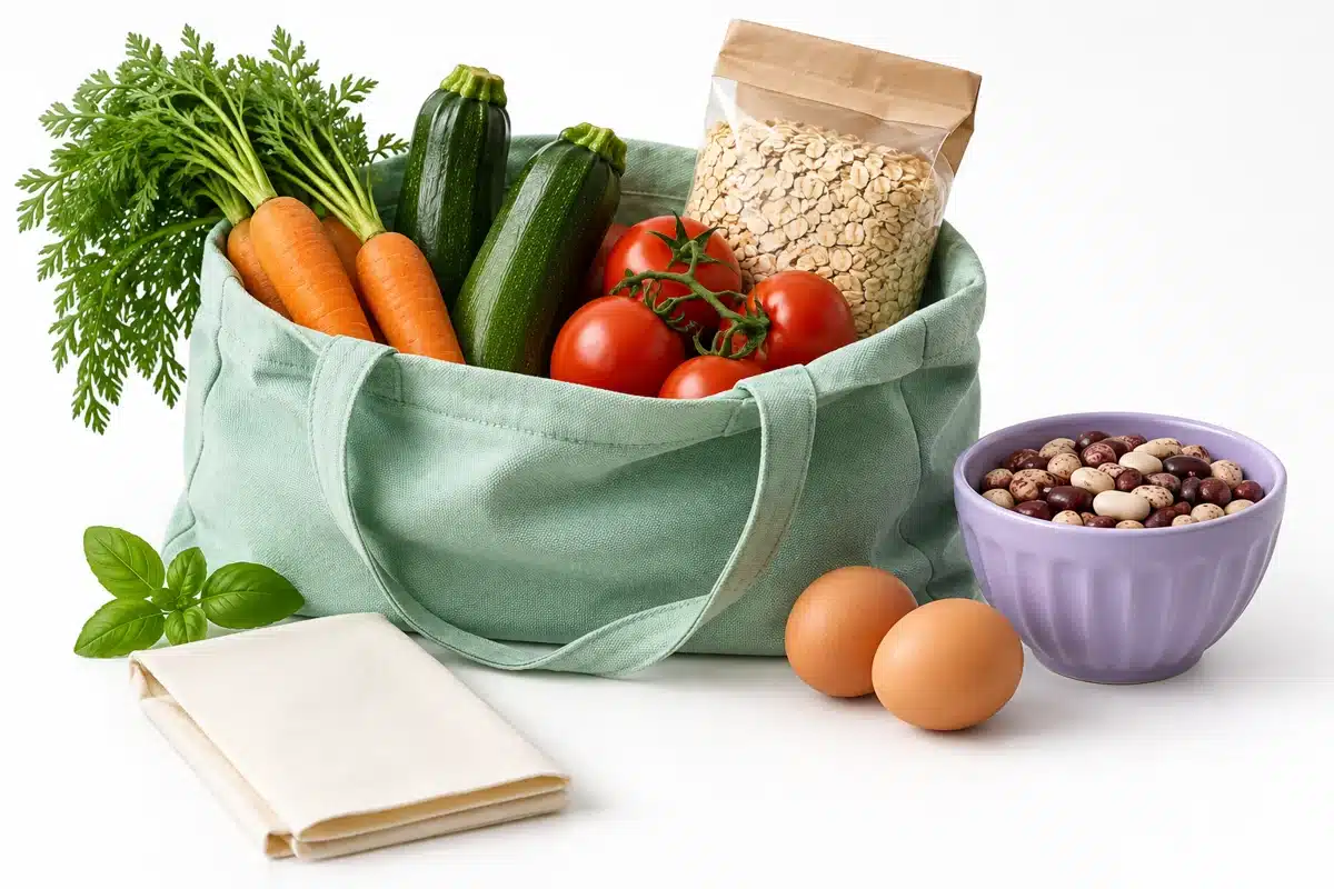 Bolsa de compras con verduras, arroz, huevos y frijoles.