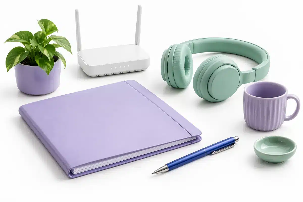 Carpeta, pluma, audífonos y router para una consulta online.
