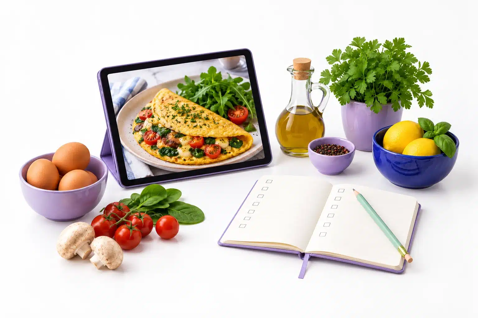 Tableta con fotografía de una comida, ingredientes y libreta.