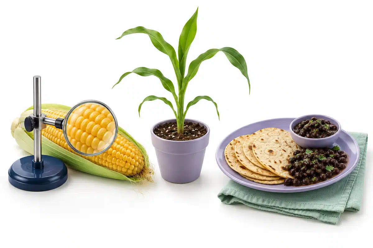 Mazorca con lupa, planta de maíz y tortillas con frijoles.