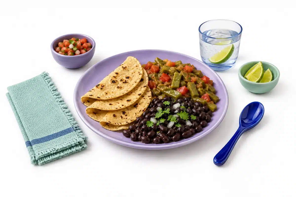 Tortillas con frijoles y nopales con jitomate.