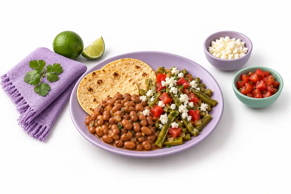 Plato con frijoles, tortillas, nopales, jitomate y queso.