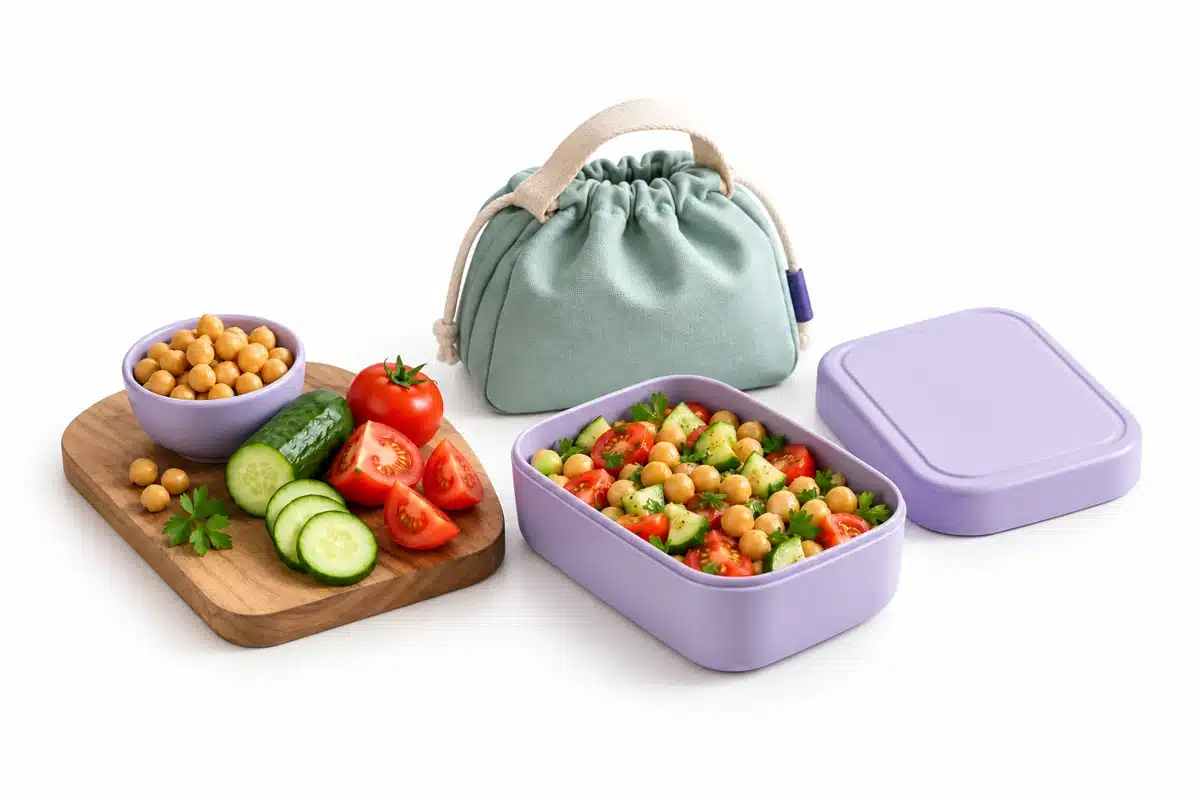 Ingredientes de ensalada de garbanzos y recipiente para llevar.