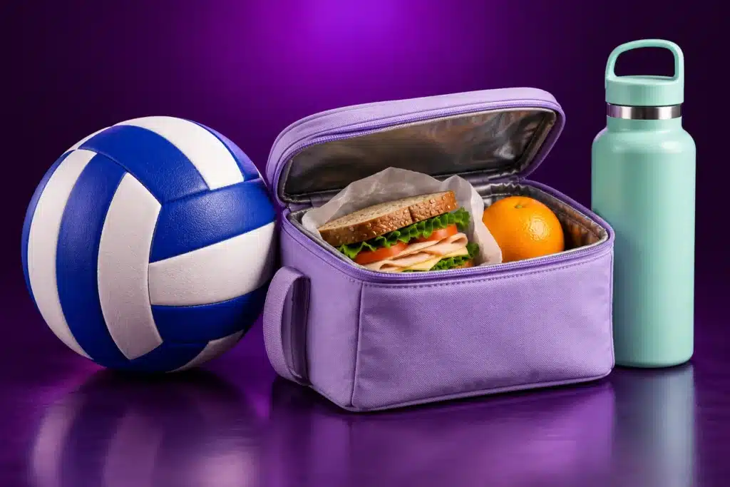 Balón de voleibol y alimentos para acompañar el entrenamiento