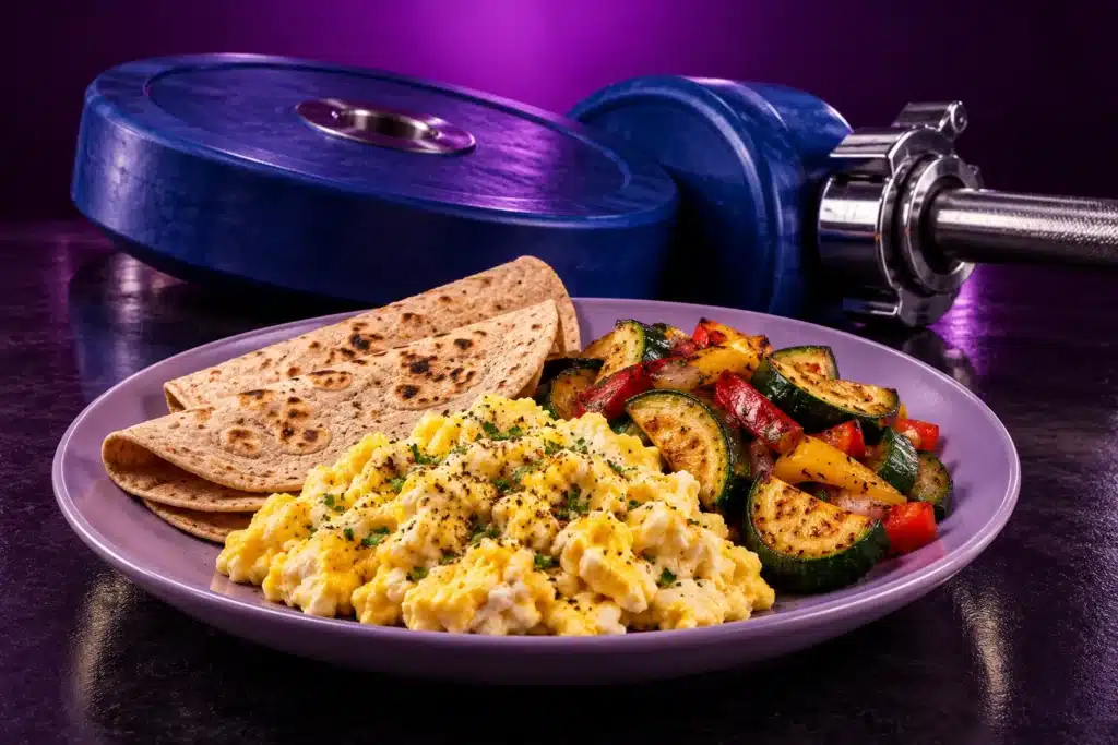 Discos de halterofilia y alimentos sobre fondo morado Nutryt