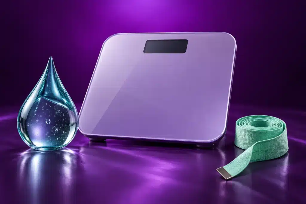 Elementos de alimentación y seguimiento del peso sobre fondo morado