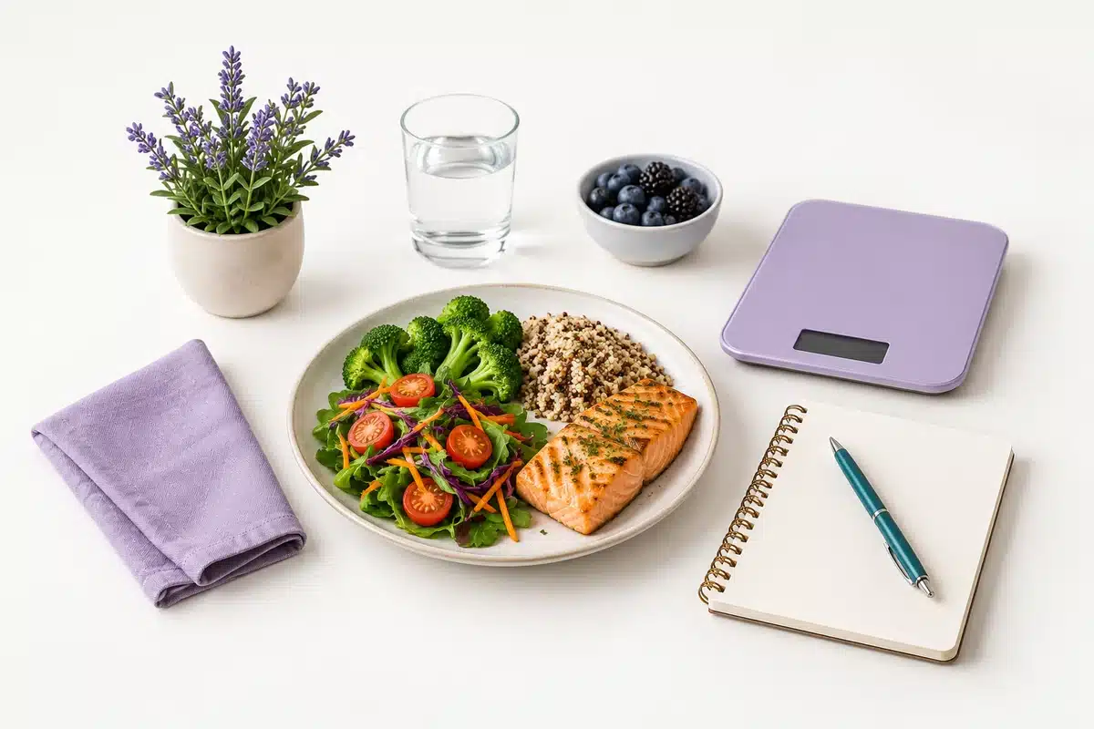 Comida, báscula y libreta.