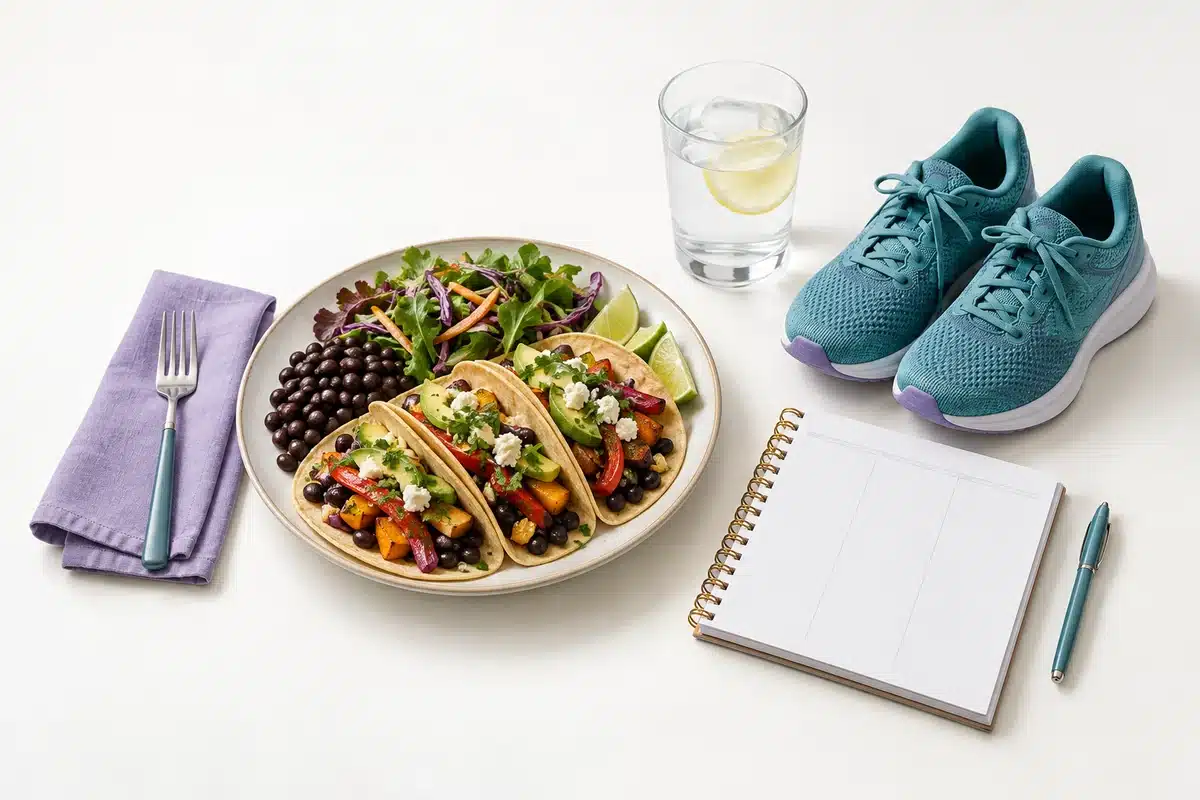 Comida preparada, calzado y libreta.