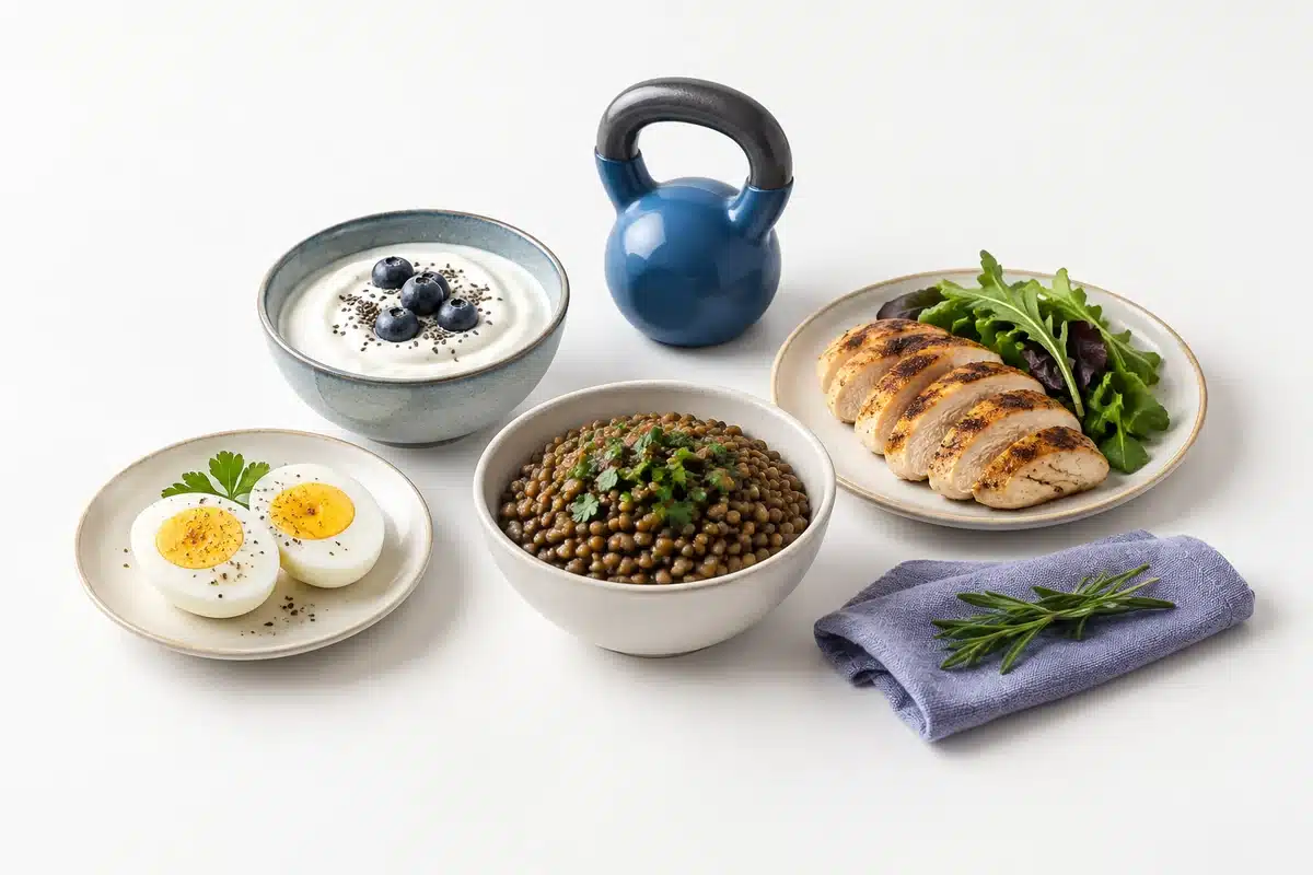Yogur, huevo, leguminosas y pollo con verduras.