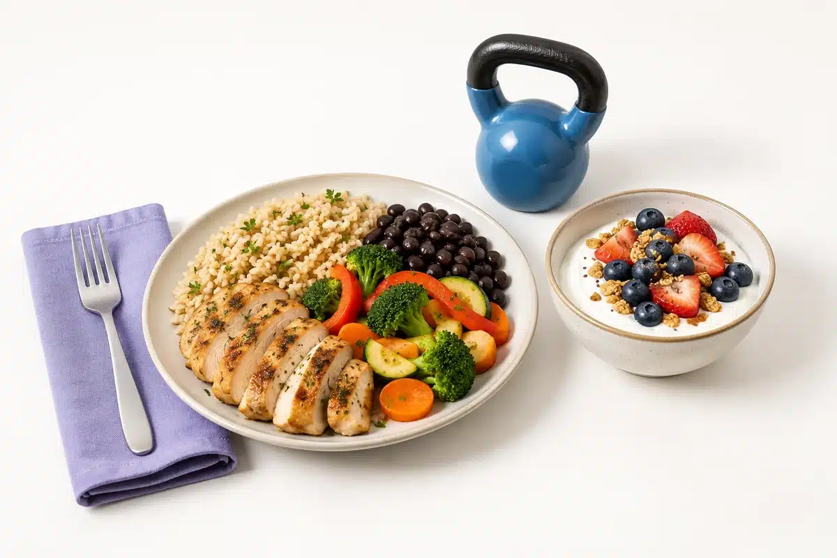 Plato con pollo, cereal y verduras junto a yogur con fruta.