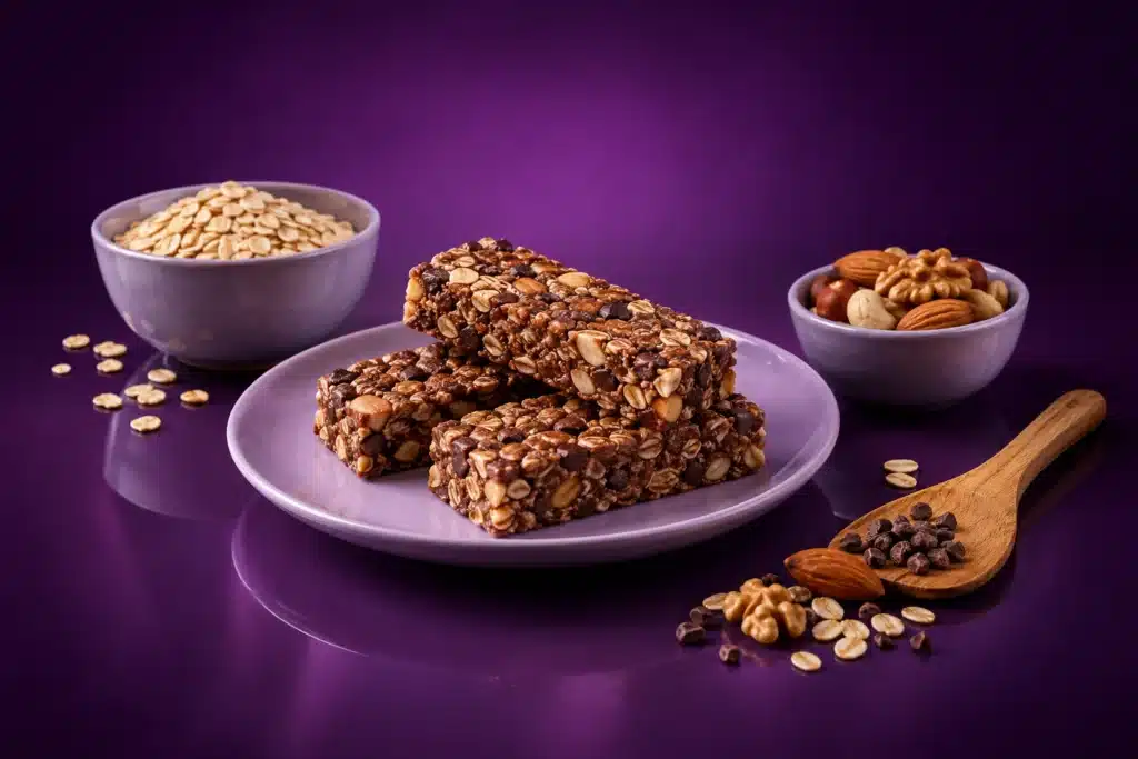 Barras caseras de avena, frutos secos y chocolate