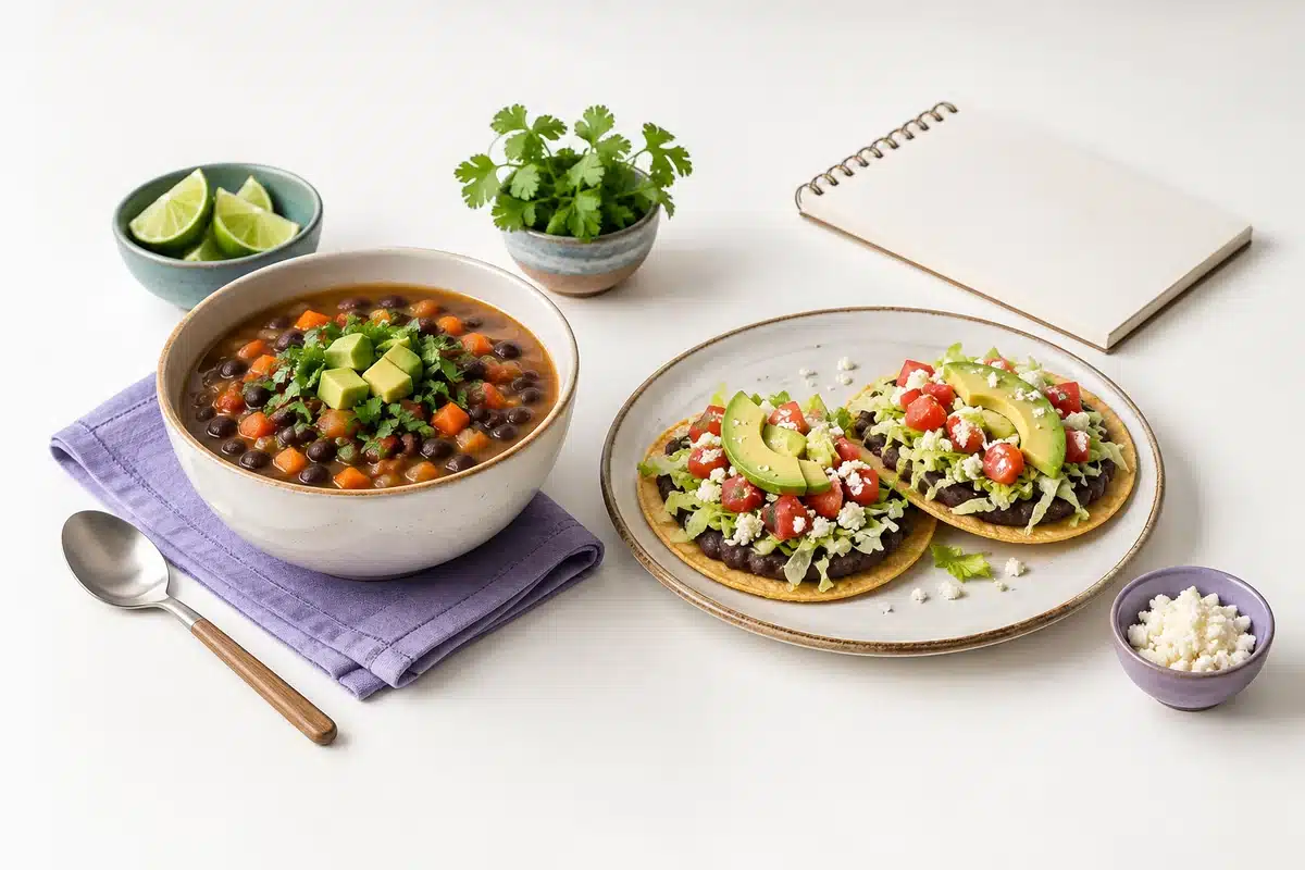 Sopa de leguminosas y tostadas con verduras.