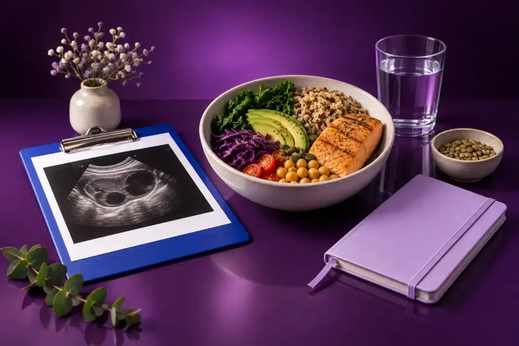 Ultrasonido, comida y libreta para hablar de síndrome de ovario poliquístico