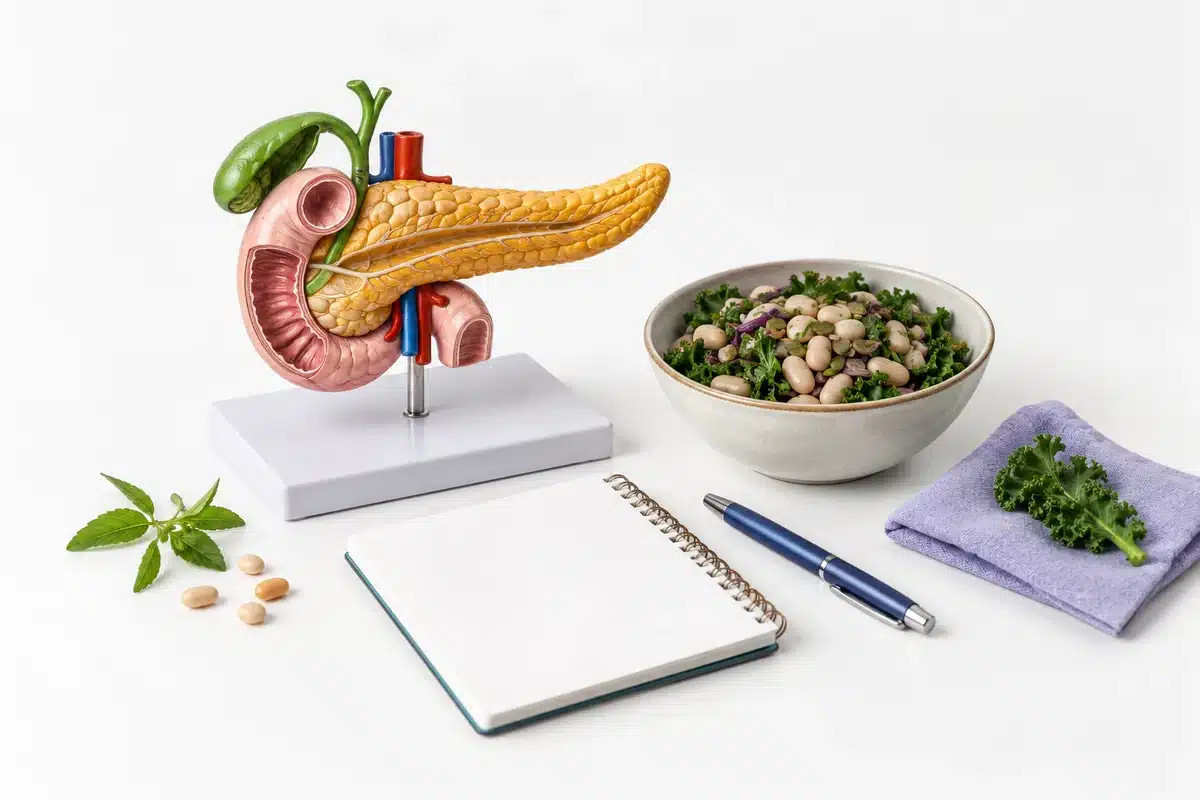 Modelo de páncreas, comida y libreta.