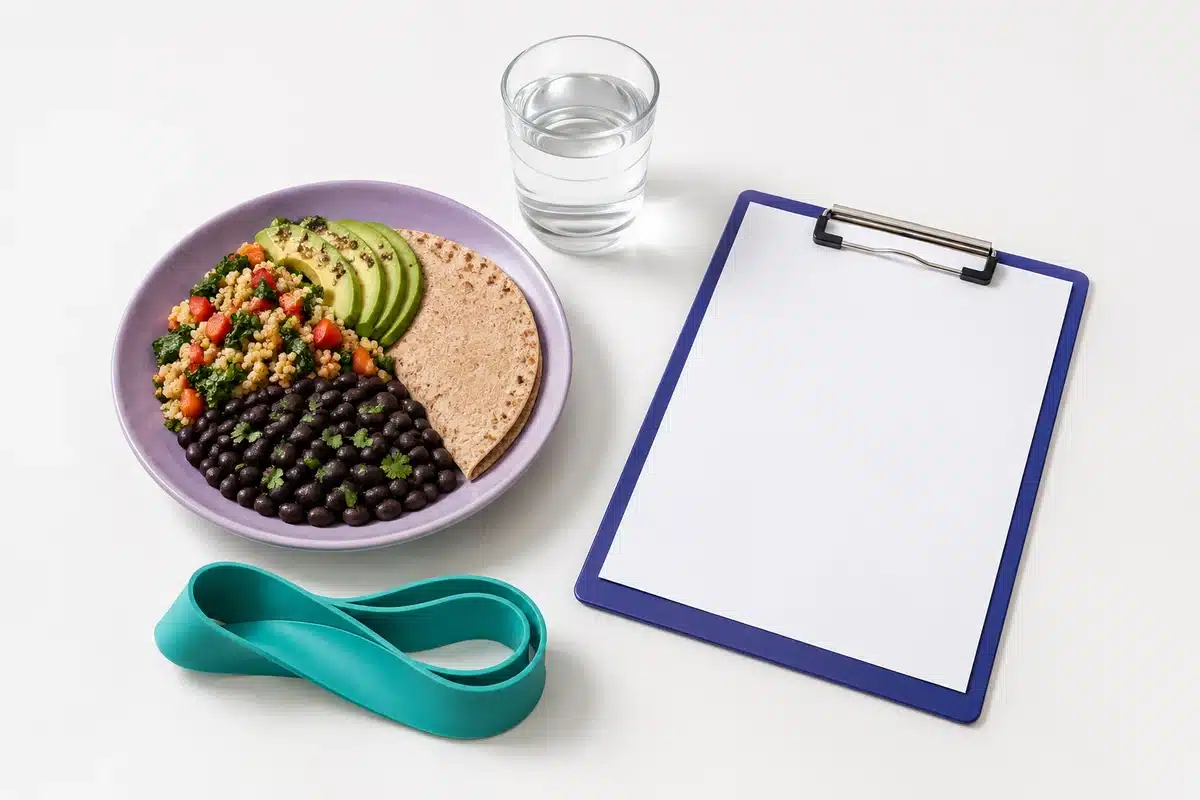 Comida, banda de ejercicio, agua y hoja de seguimiento.