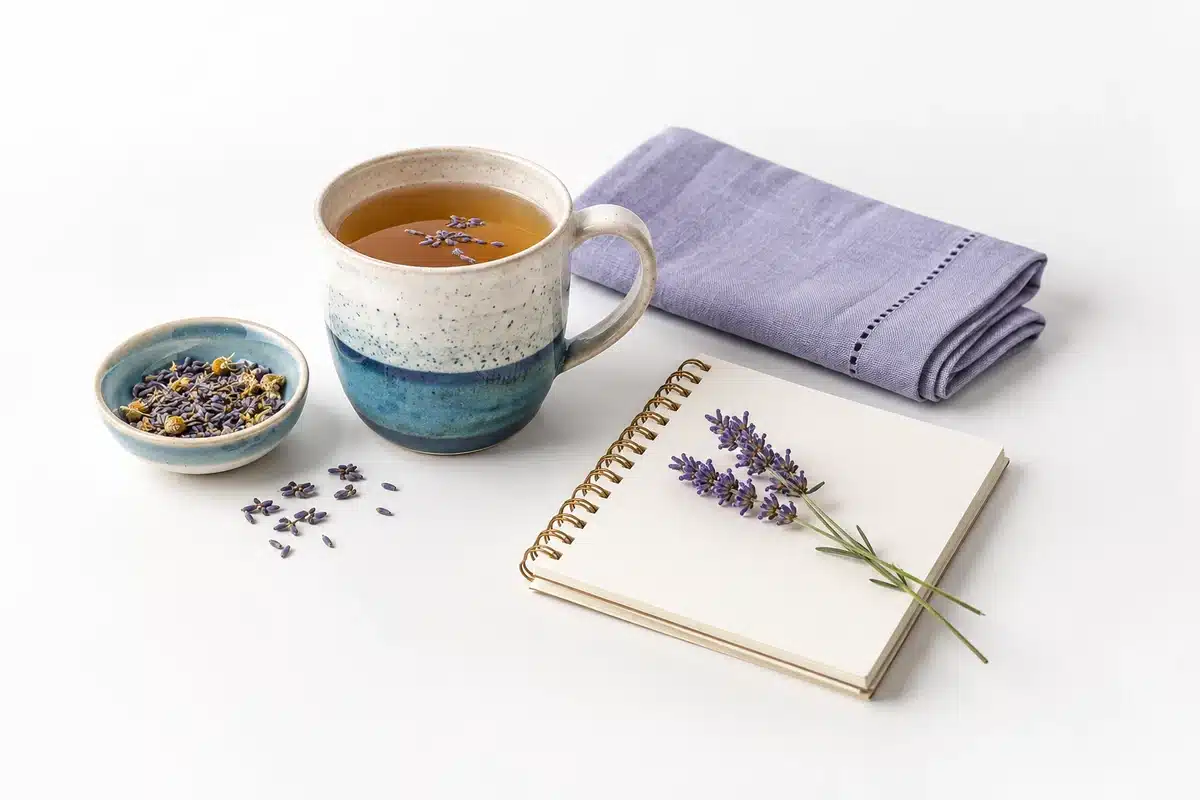 Taza, libreta y paño sobre fondo blanco.
