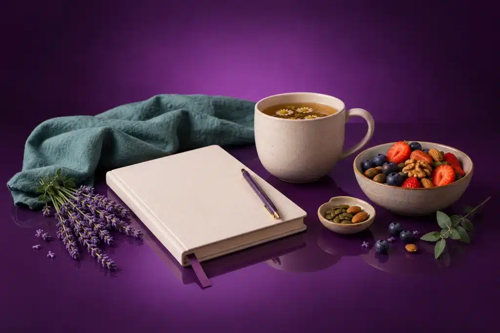Taza, libreta y comida como recursos cotidianos de bienestar