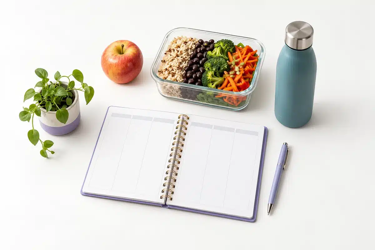 Agenda, comida preparada y botella de agua.