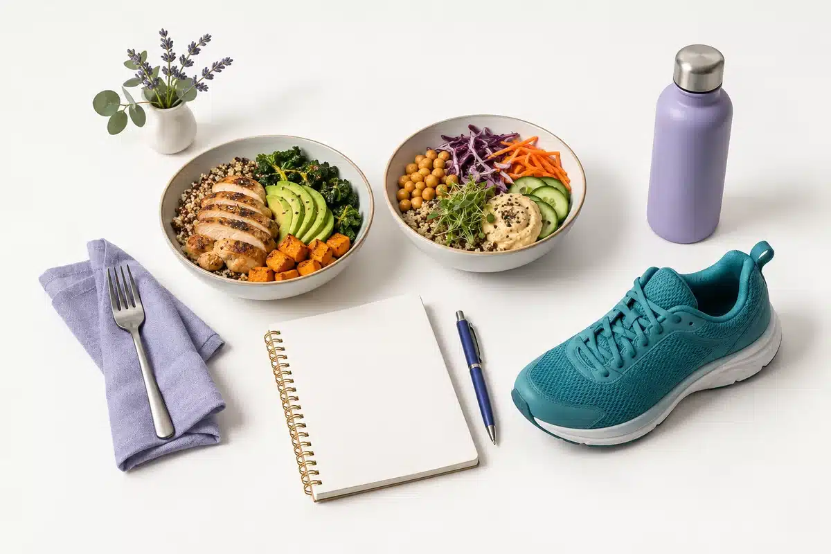 Comida, calzado deportivo y libreta.