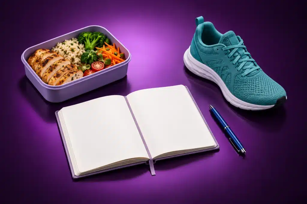 Comida preparada, libreta y calzado para planear hábitos realistas
