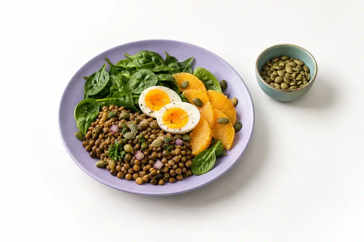 Plato con lentejas, huevo, hojas verdes y cítricos.