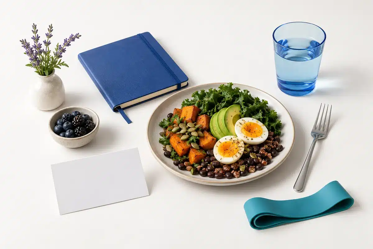 Libreta, comida, agua y banda de ejercicio.