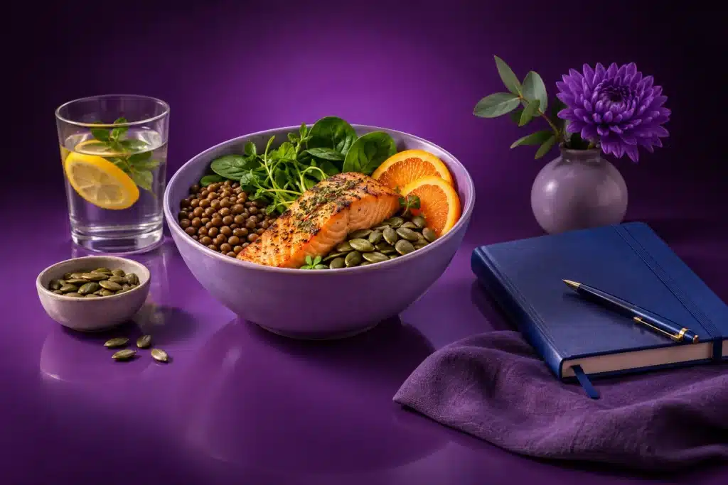 Comida variada y libreta para hablar de salud integral de las mujeres