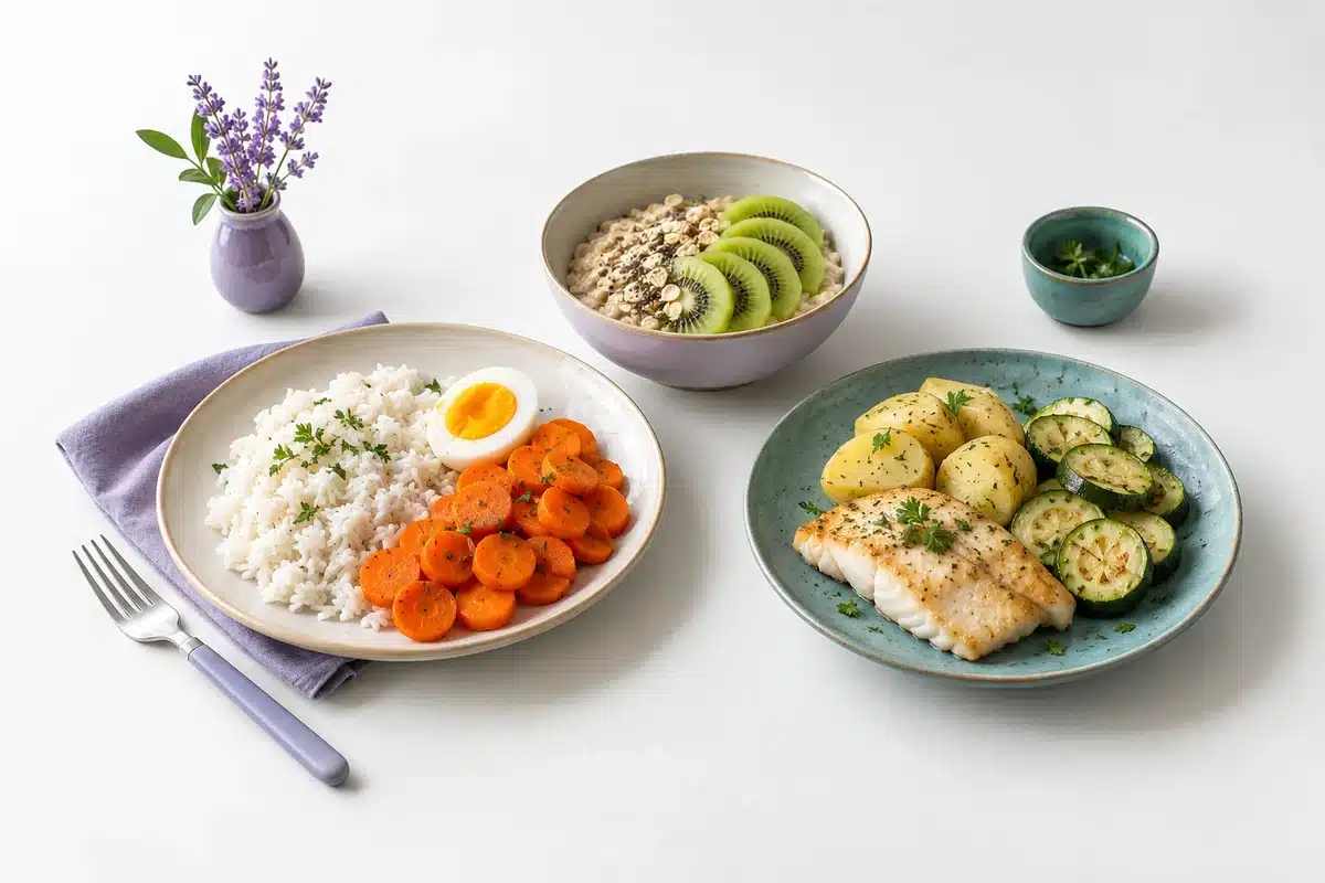 Dos platos cotidianos con arroz, verduras, huevo y pescado.