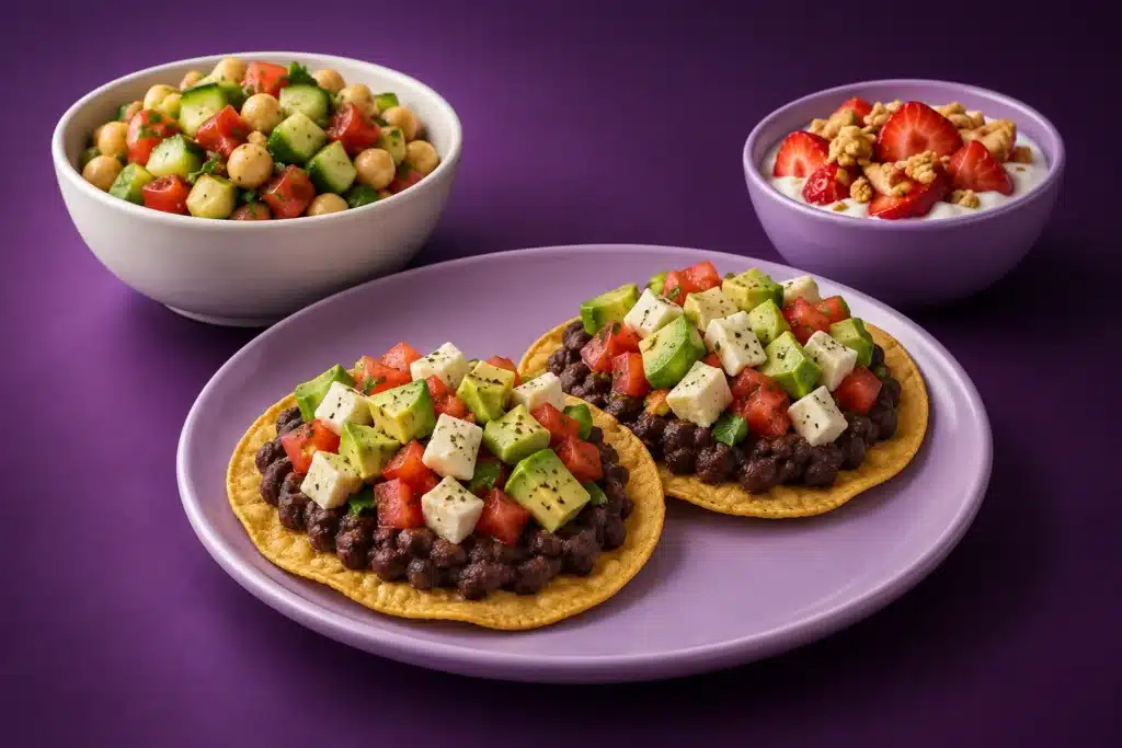 Tostadas, ensalada de garbanzos y yogur con fruta como ideas de cenas sin cocinar.