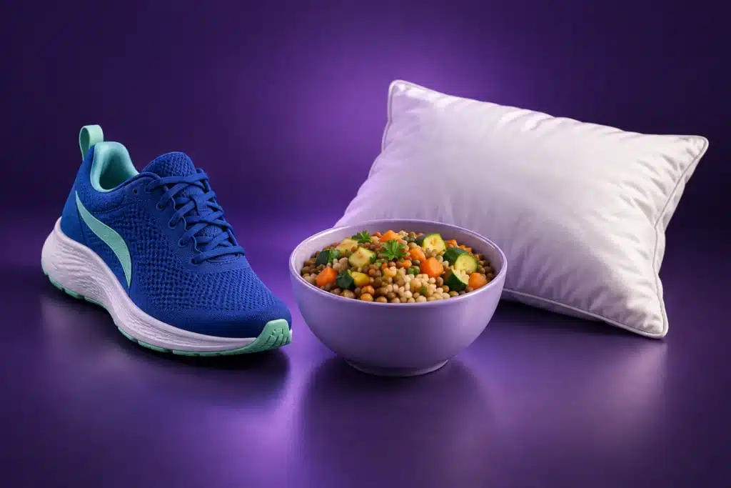 Alimentación, movimiento y descanso representados por un plato, un tenis y una almohada.