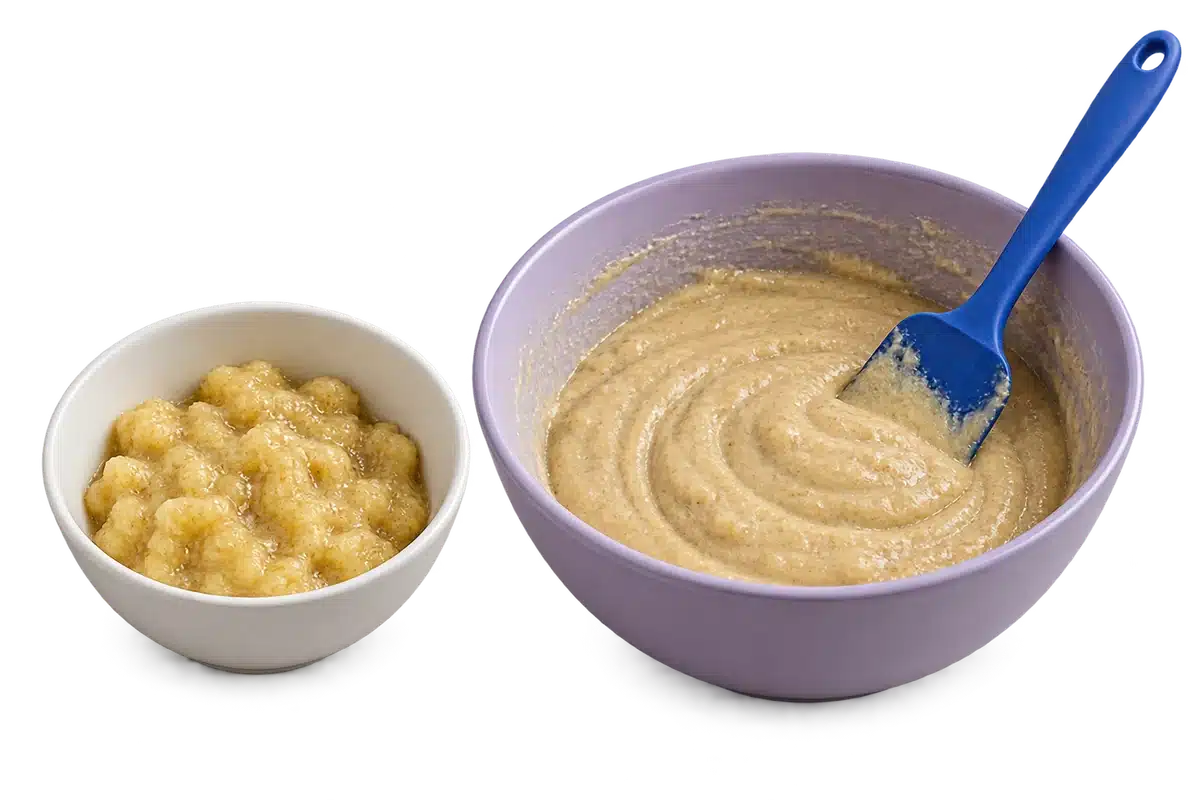 Puré de plátano y mezcla húmeda en dos tazones