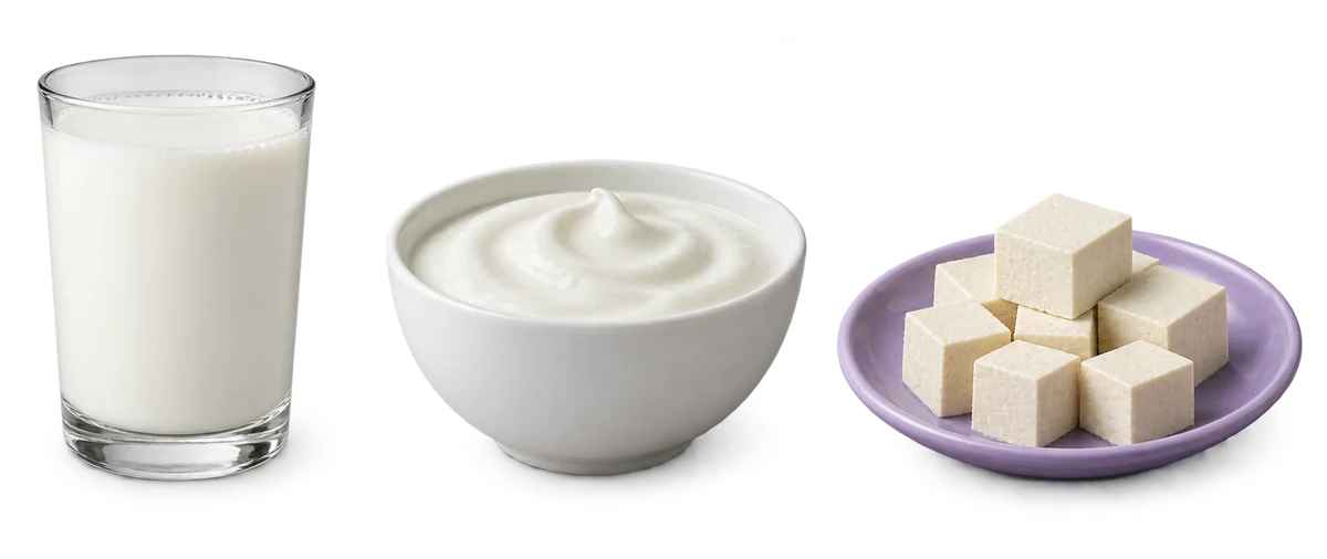 Leche, yogur natural y tofu en recipientes separados
