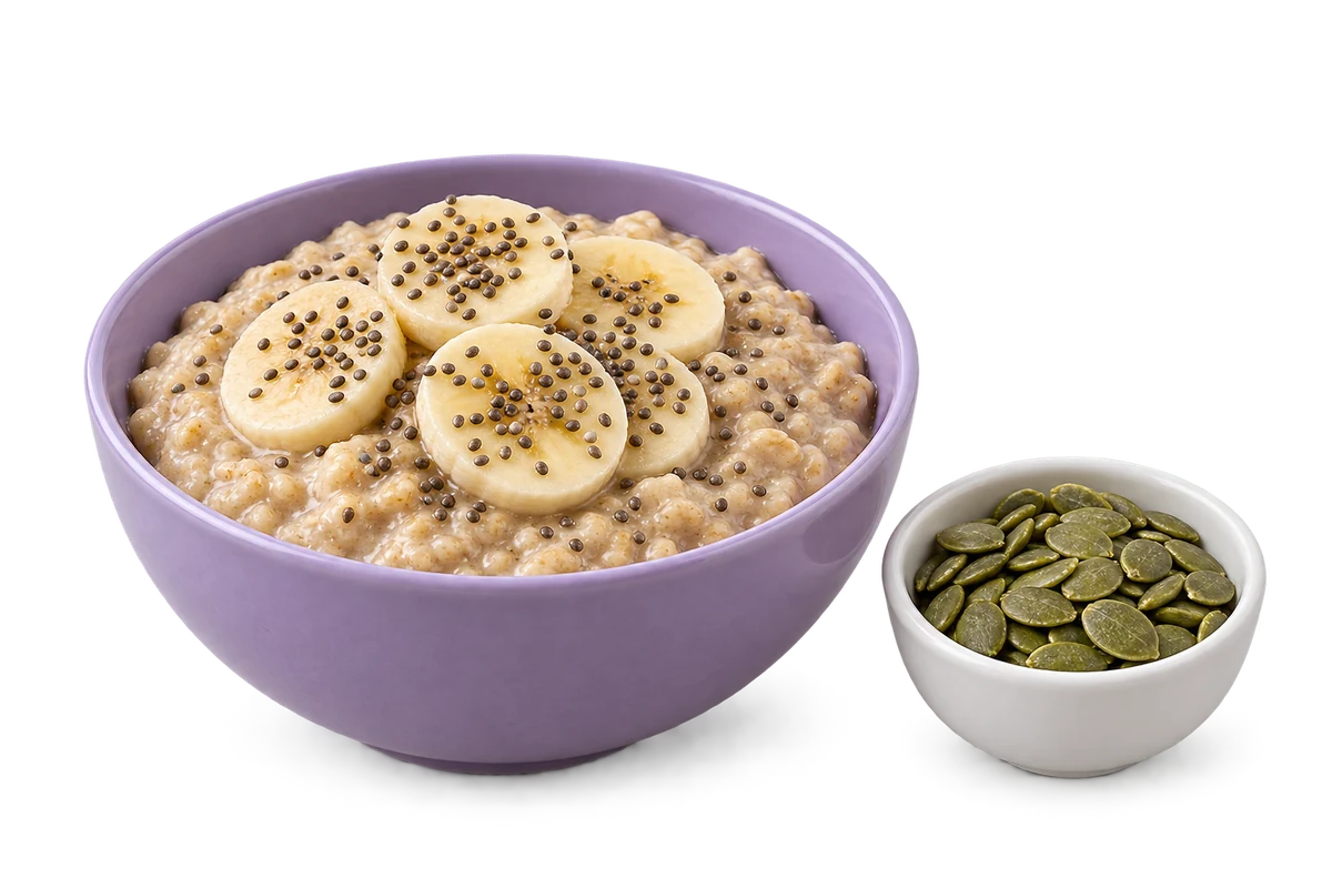 Avena con plátano y chía, junto a pepitas
