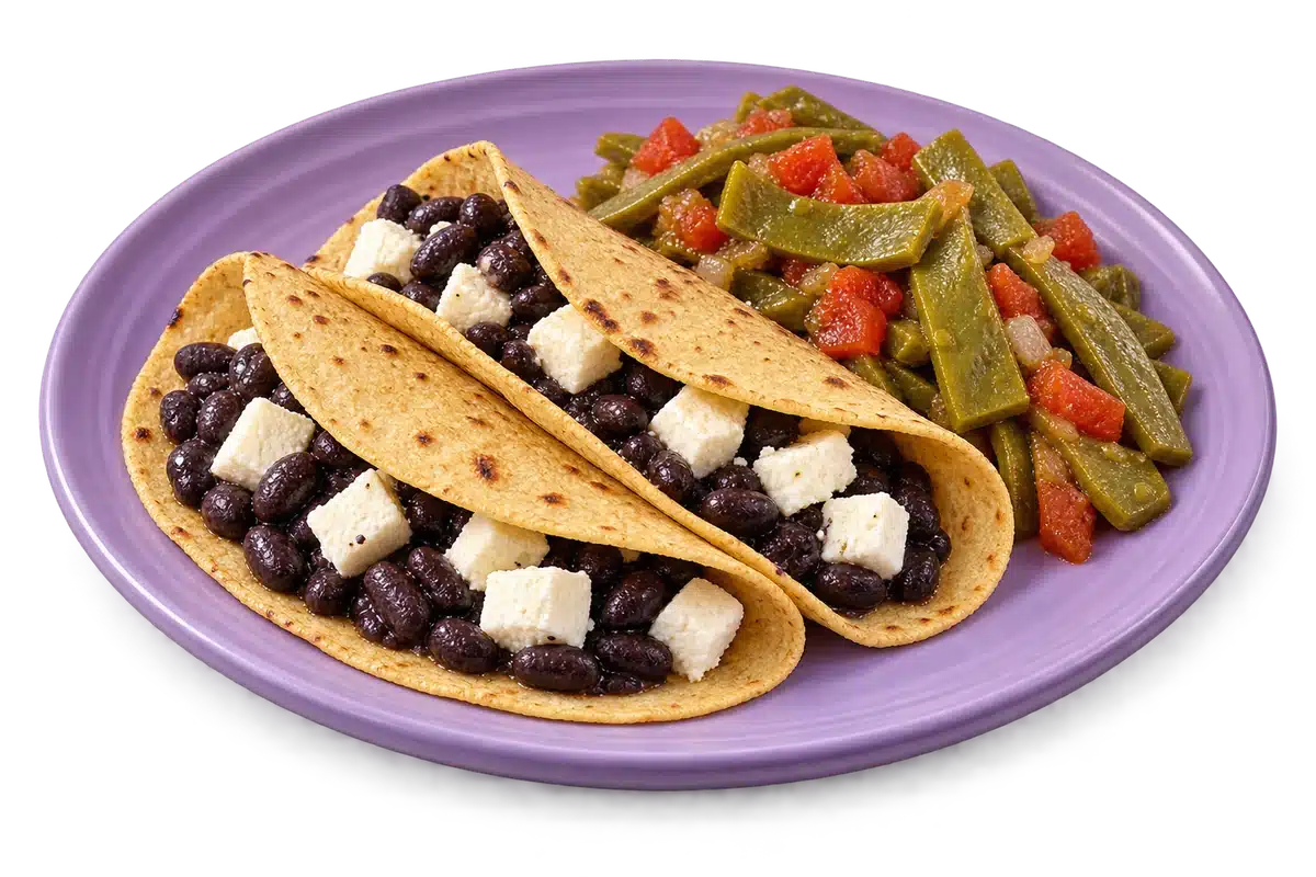 Tortillas con frijoles y panela, acompañadas de nopales
