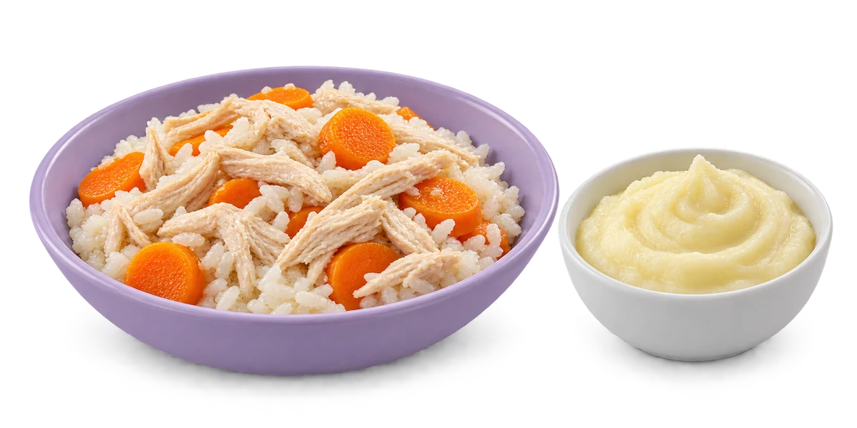Arroz con pollo deshebrado y zanahoria, junto a puré de papa