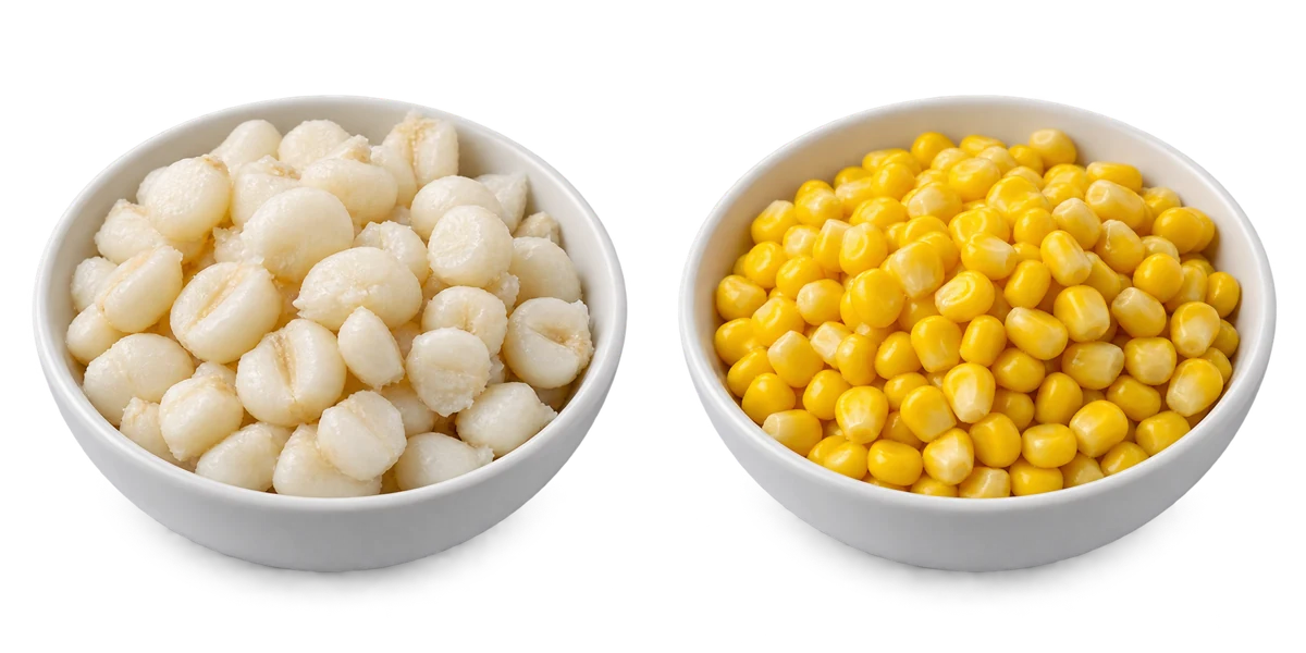 Maíz blanco para pozole a la izquierda y elote dulce amarillo a la derecha