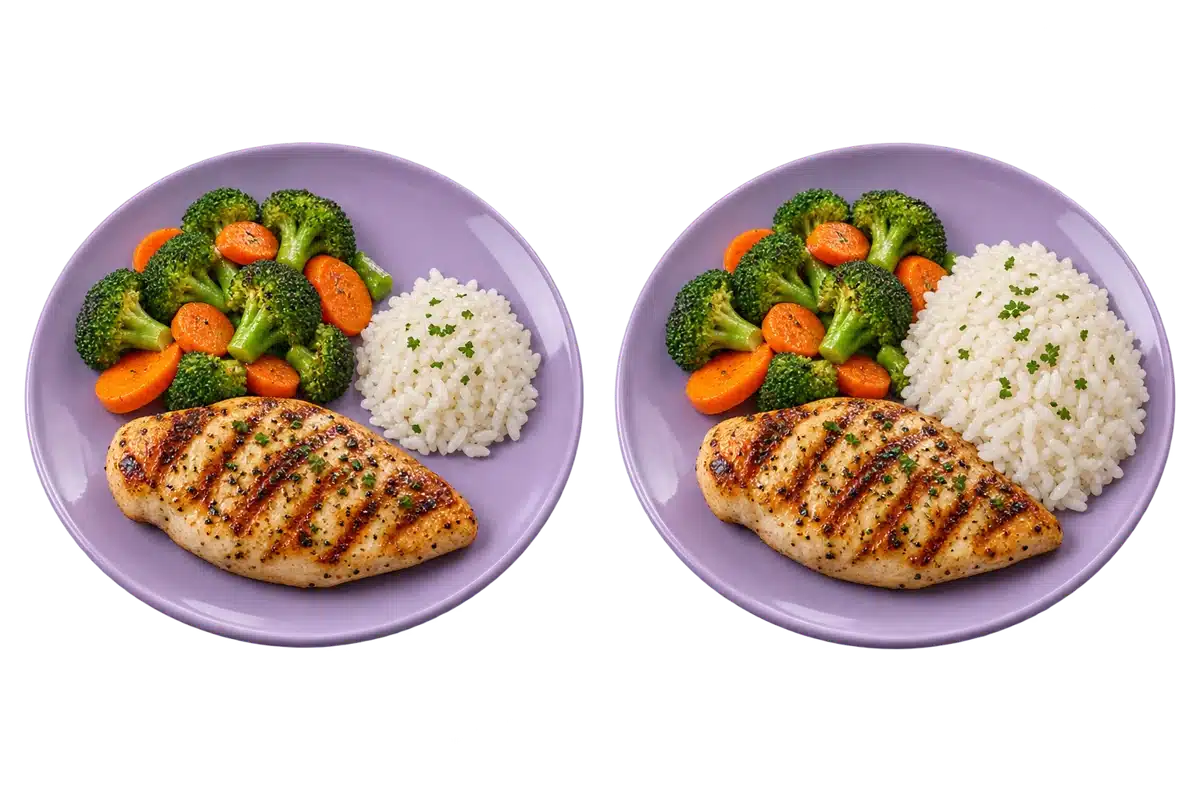 Dos platos con pollo y verduras; el de la derecha contiene visiblemente más arroz