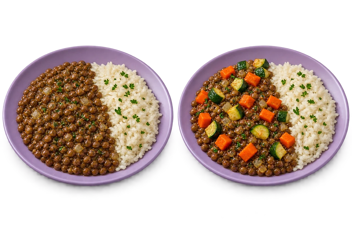 Arroz y lentejas a la izquierda; la misma base con calabacita y zanahoria a la derecha