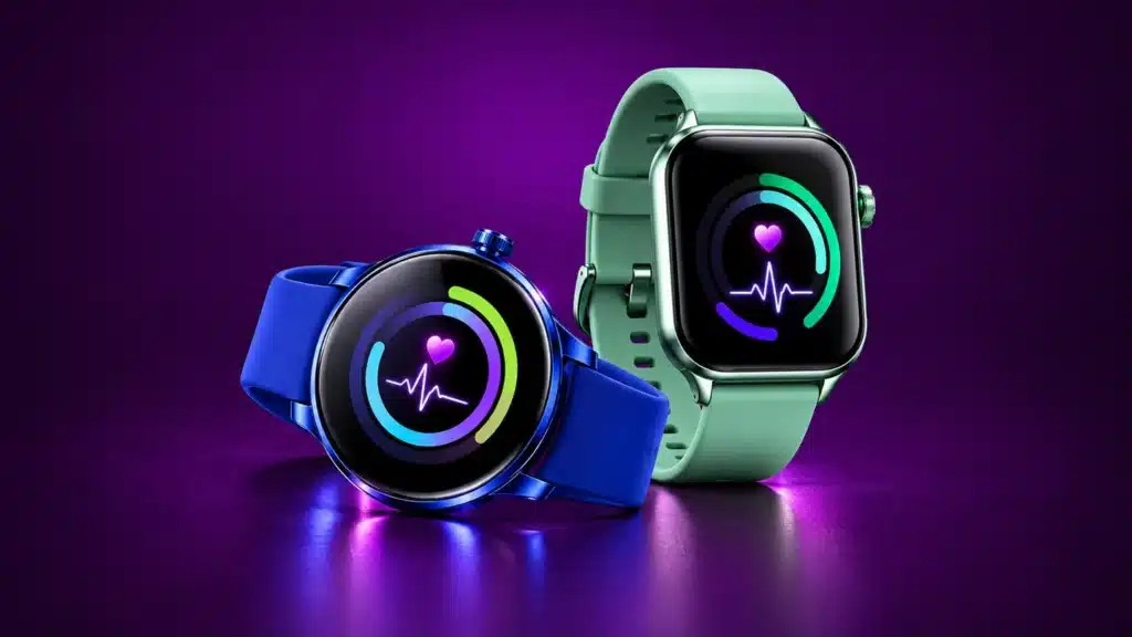 Dos relojes deportivos sobre fondo morado para ilustrar el registro de actividad