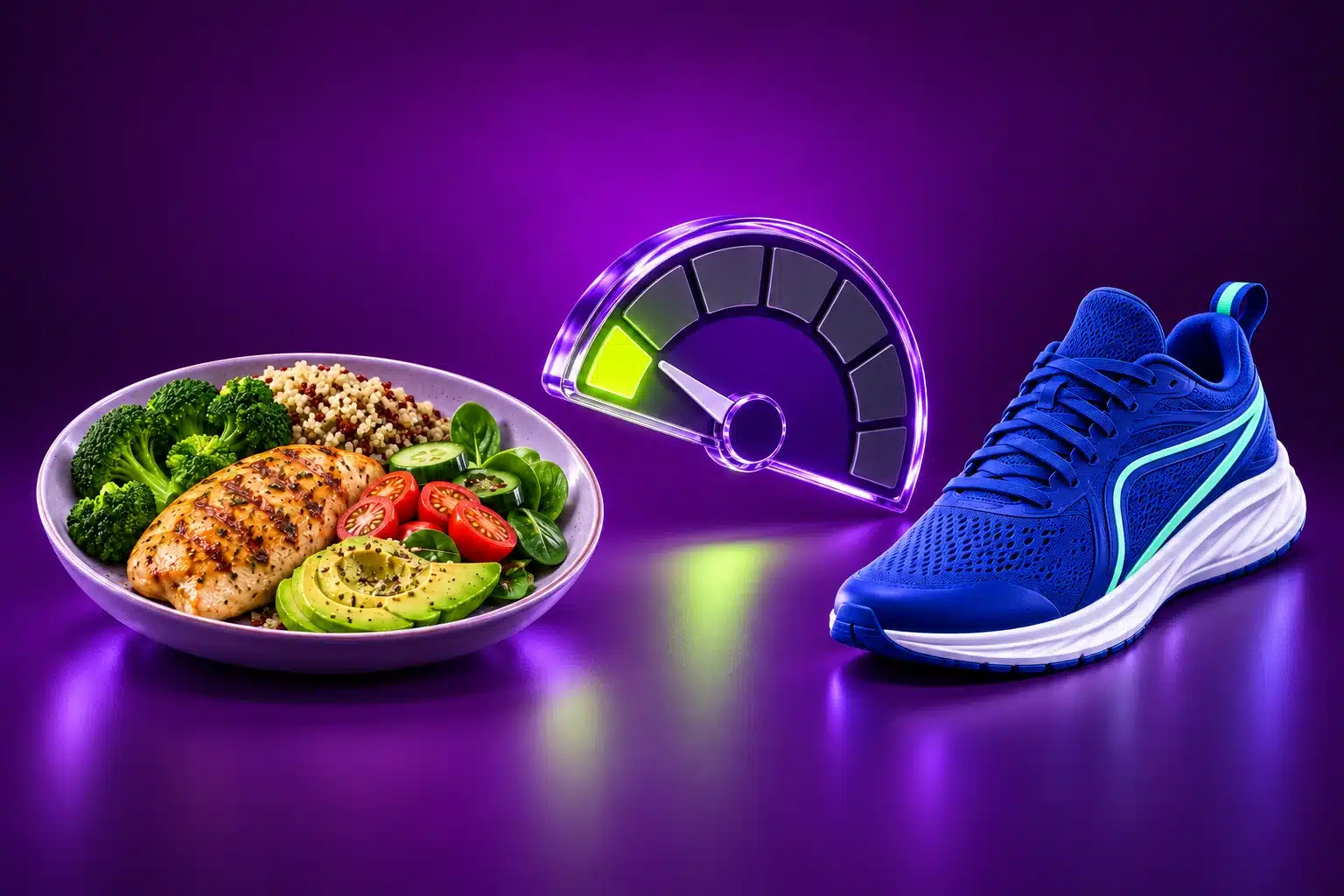 Plato completo, medidor de energía baja y calzado deportivo.