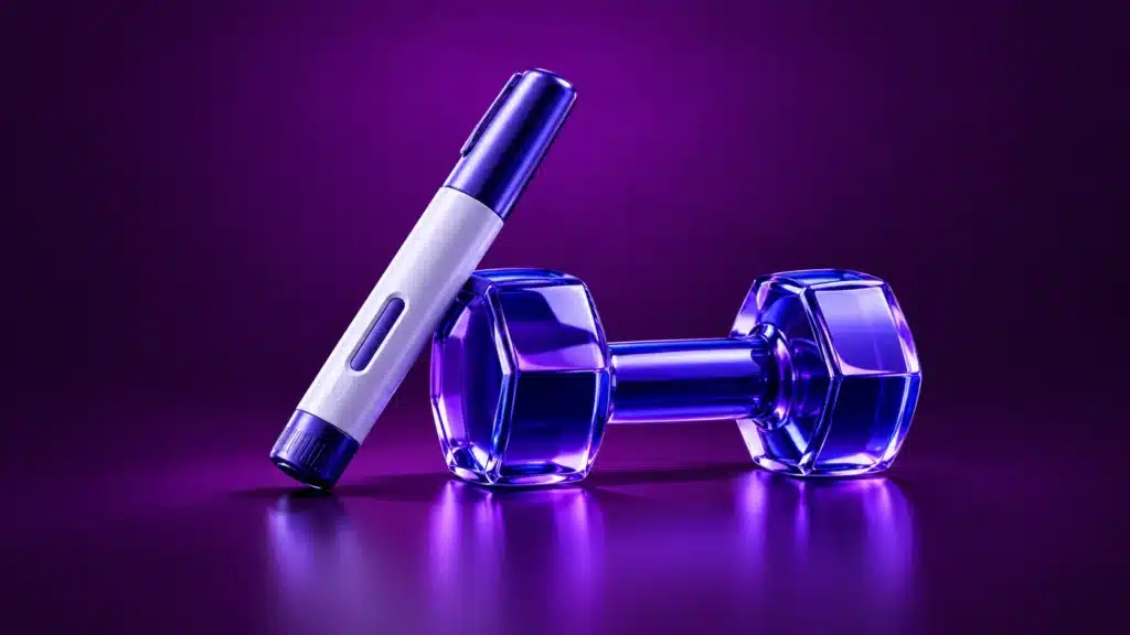 Inyector genérico junto a una mancuerna de cristal violeta: tratamiento GLP-1 y trabajo de fuerza