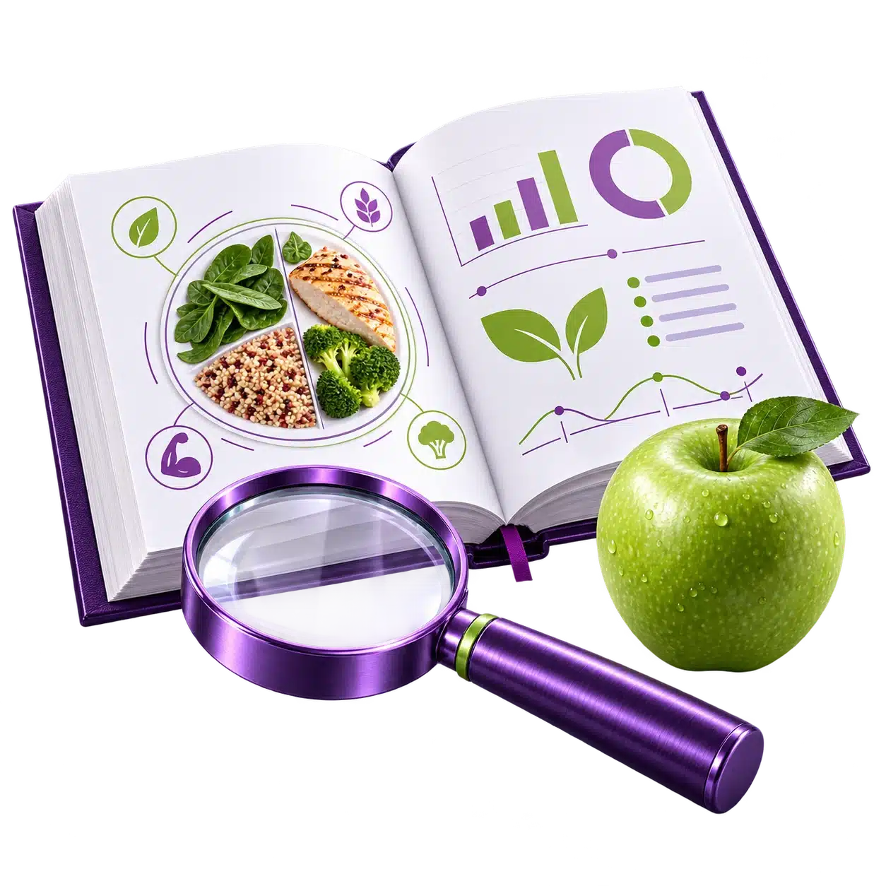 Un libro de nutrición, una lupa y una manzana.
