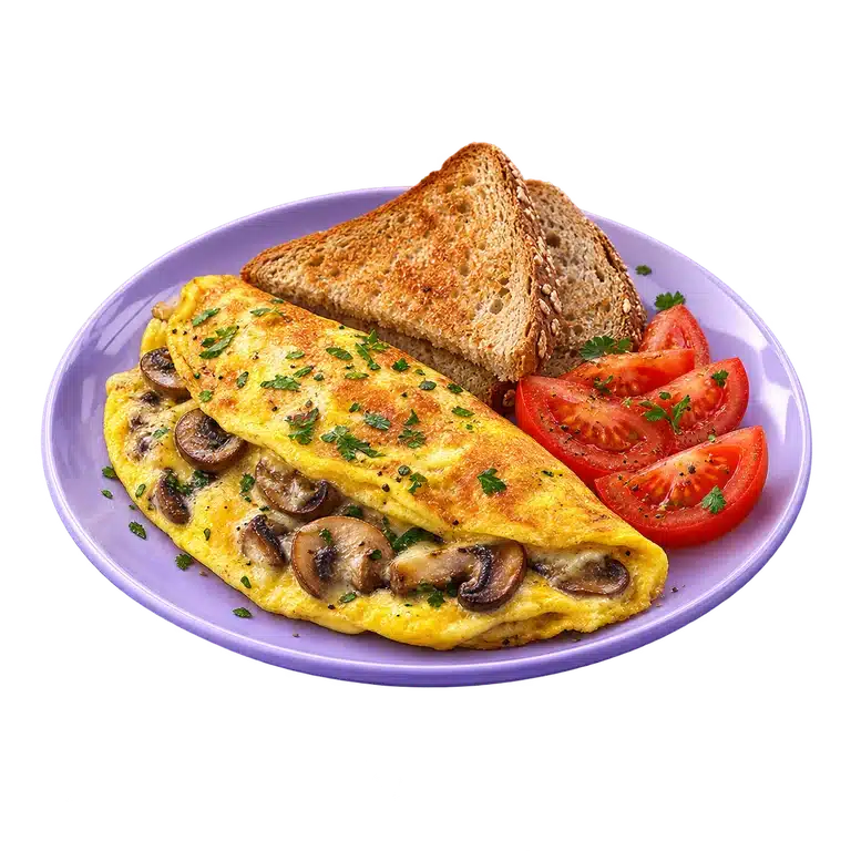 Plato de omelette con champiñones, pan y jitomate